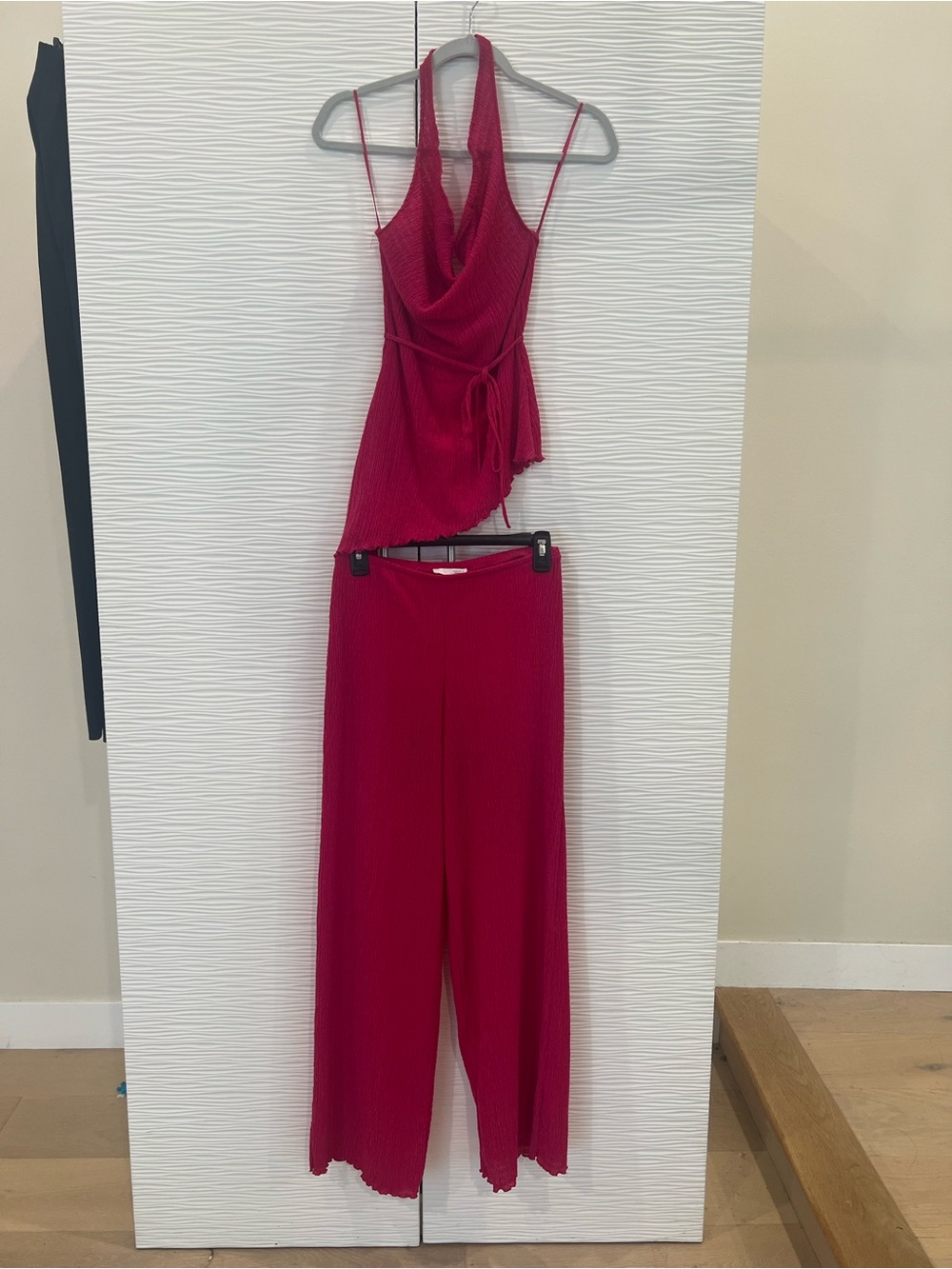 Zara Ribbed Halter Wrap Top & Wide-Leg Pants Set - hot pink
